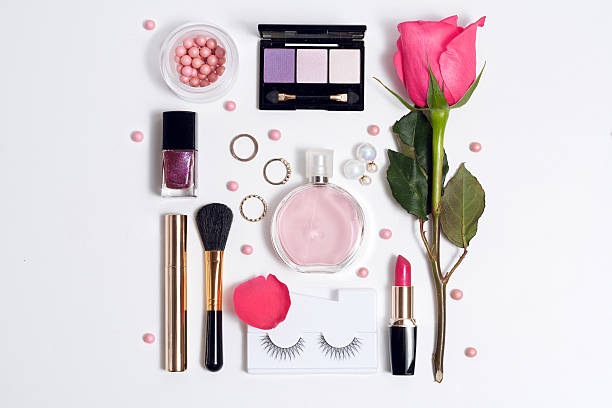Still life of fashion woman. Set of decorative cosmetic Still life of fashion woman. Set of decorative cosmetic make up with perfume and rose . Top view beautiful polish girls stock pictures, royalty-free photos & images