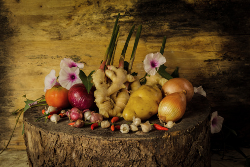 Still Life Photography with Spices and herbs on Wooden Base.