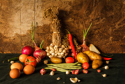 Still life photography with spices, herbs, vegetables and fruits. For cooking