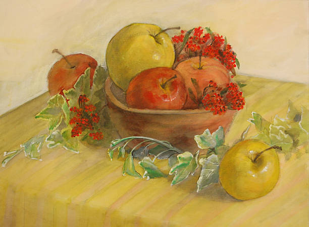 Still Life This is a  Still Life painting with apples, in warm colors. I painted this image with acrylic on canvas. This is my art product. I am the owner of the copyright. still life stock pictures, royalty-free photos & images