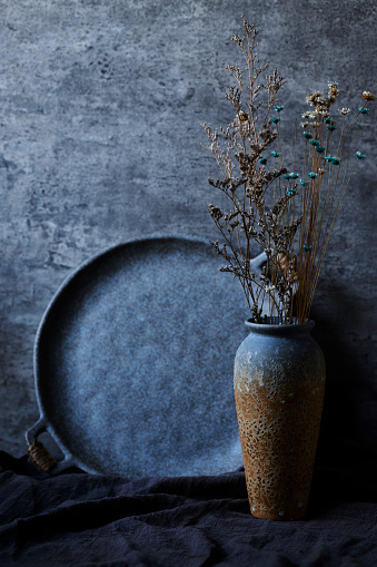 still life: rustic meal plate, retro style vase
