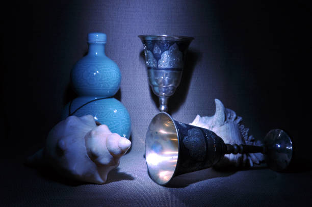 Still life with goblets and conches stock photo