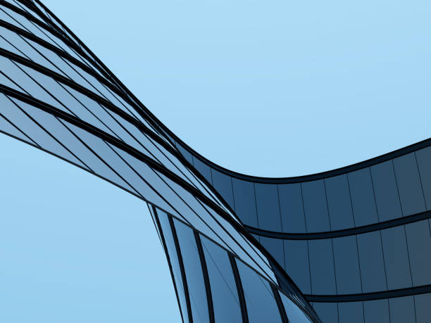 estimular la 3d de edificio de vidrio curva y sistema de ventana de acero oscuro sobre fondo de cielo claro azul, concepto de negocio de la futura arquitectura, búsqueda en el ángulo del edificio de la esquina. - arquitectura fotografías e imágenes de stock