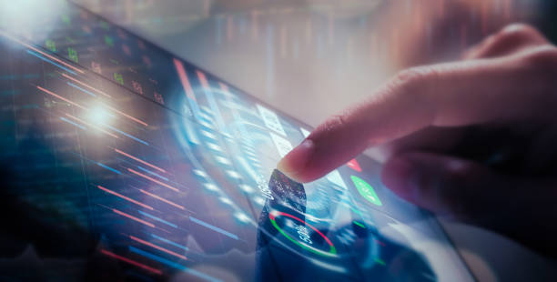 Stock exchange market concept, hand pointing on screen with graphs analysis candle line on bokeh colors light. stock photo