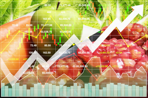 finanzielle aktienindex für eine erfolgreiche investition auf gesunde lebensmittel wie frische früchte und gemüse mit diagramm und chart wachstum hintergrund. - food data stock-fotos und bilder