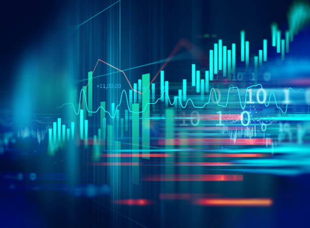 インディケータとボリュームデータを含む株式市場投資グラフ。 - 株 ストックフォトと画像