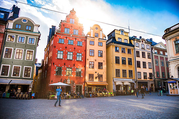 stockholm, sweden, old town and town square - sweden stok fotoğraflar ve resimler