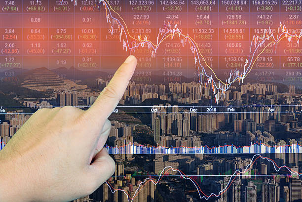 stocks market chart in blue on LED display Double exposure of stocks market chart on LED display concept with city scape hong kong background Dow Futures  stock pictures, royalty-free photos & images