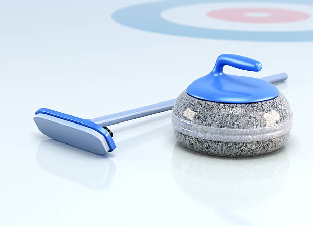 stone and brush for curling on ice. 3d render image - curling stockfoto's en -beelden