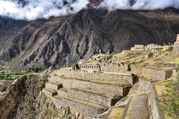 Stone buildings and terraces at the Ollantaytambo archaeological site in the Sacred Valley stock photo