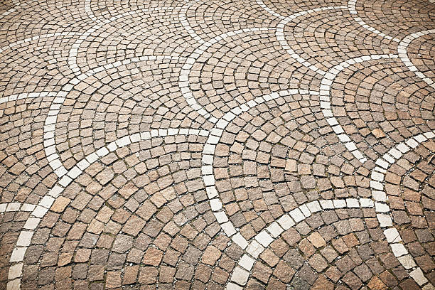 Stone Floor Pattern An outdoor stone floor surface arranged in fan-shaped curved patterns. cobblestone stock pictures, royalty-free photos & images