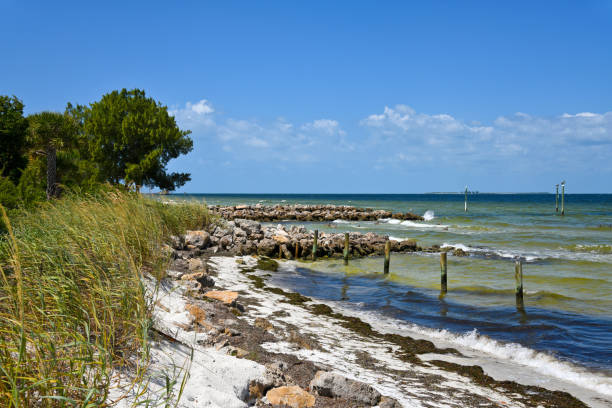 Stone Jetties on Island Stone Jetties on Anna Maria Island to minimize beach erosion from rising tides in Tampa Bay erosion control stock pictures, royalty-free photos & images