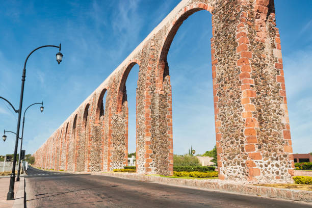 Stone orange aqueduct at Queretaro stock photo