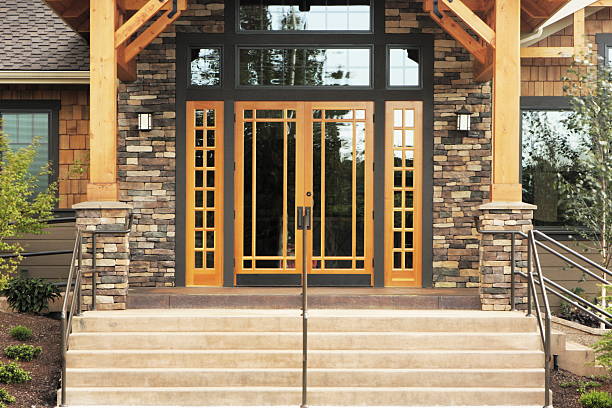 Stone Timber Architecture Entrance Contemporary stone timber and glass architecture building facade and entrance steps. half timbered stock pictures, royalty-free photos & images