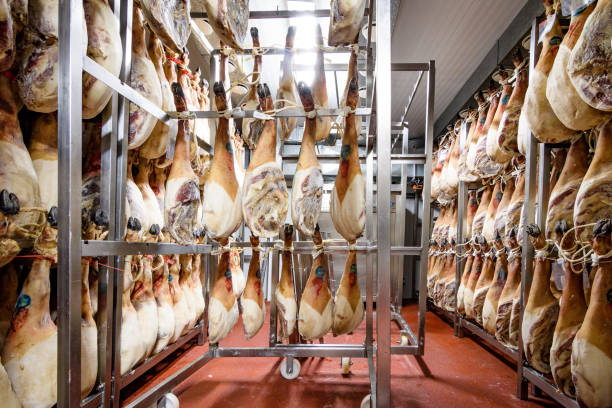 storage chamber and drying of Iberian ham stock photo