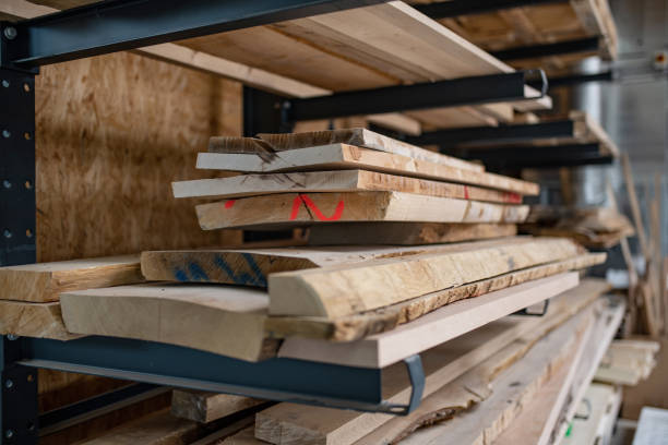 storage shelf with wooden planks stock photo