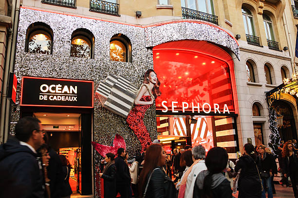 SEPHORA store decorated for Christmas holidays in Paris. stock photo
