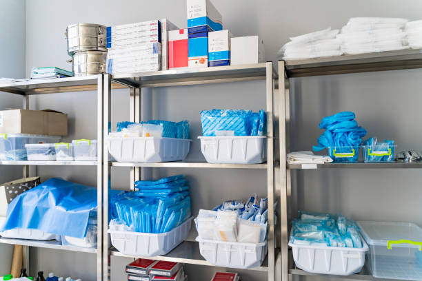 Store room in clinic. Extra equipment in hospital. Additional pharm stuff. No people. stock photo