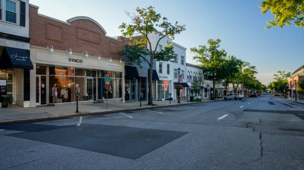 Storefronts with morning lights at Greenwich Avenue stock photo