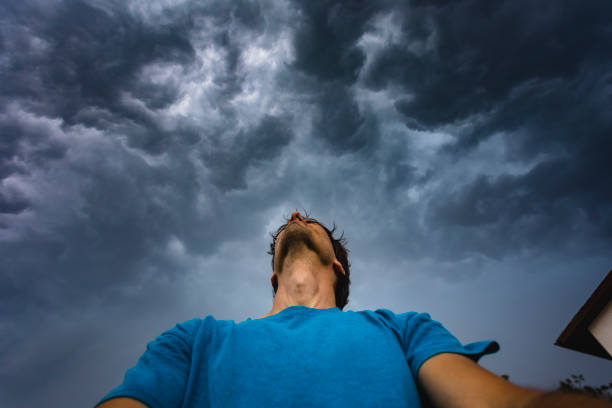 Storm Chaser Waiting Storm Looking Up To Clouds Sky stock photo