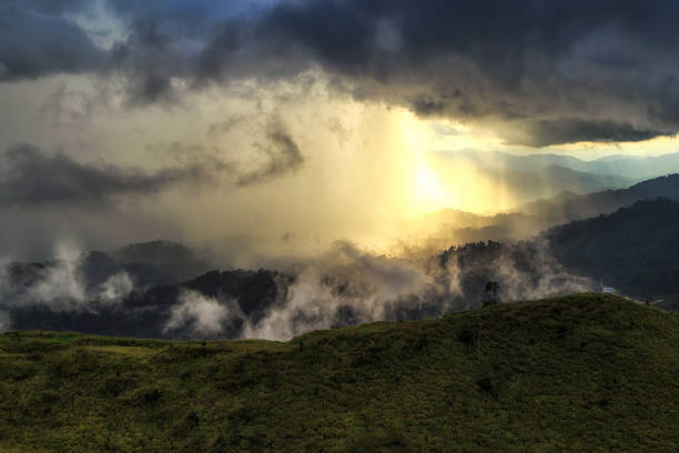 Storm rain is falling down in mountain range in tropical rain forest .Rain cloud. stock photo