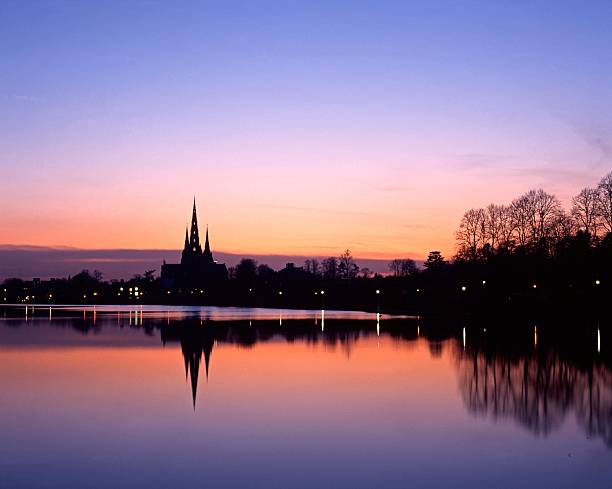 Stowe Pool and Cathedral, Lichfield, England. stock photo