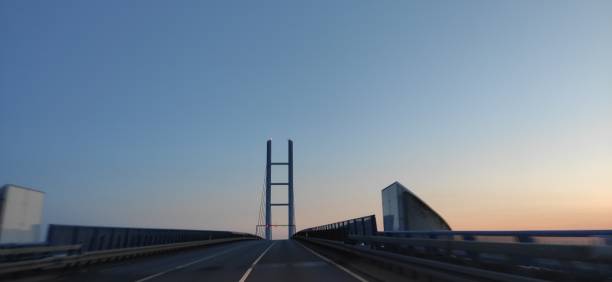 Stralsund in the sunset, Rügen Bridge stock photo
