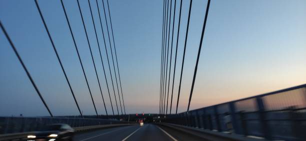 Stralsund in the sunset, view of the city, Rügen Bridge stock photo