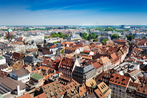 Strasbourg downtown and suburbs view from above Strasbourg downtown and suburbs view from Cathedral Notre Dame, Alsace, France strasbourg stock pictures, royalty-free photos & images