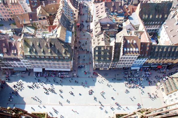 Strasbourg main square. Aerial view of Strasbourg main square. Summer sunny day, tourist small as ants. notre dame de strasbourg stock pictures, royalty-free photos & images