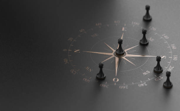 Strategic Business Advice Concept Golden compass rose over black background with five pawns. Business advice  or strategic marketing  concept. 3D illustration. chess stock pictures, royalty-free photos & images