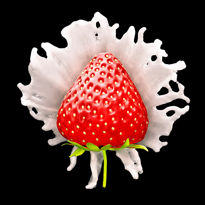 Strawberrie with milk splash on back isolated in studio shot
