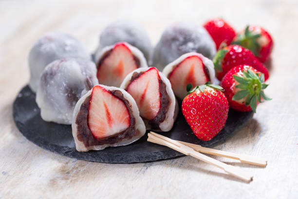 Strawberry Daifuku, Strawberry Wrapped in Mochi stock photo