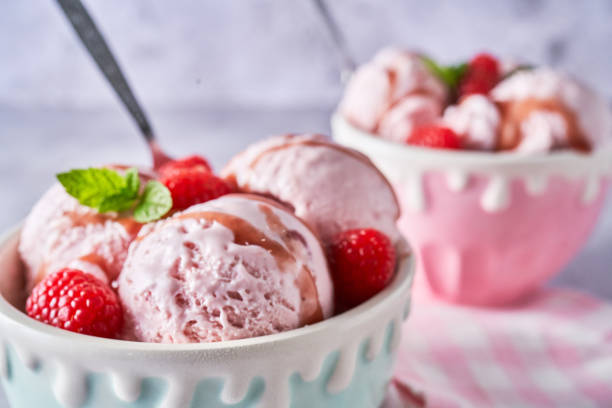 Strawberry Ice Cream with Fresh Strawberries stock photo