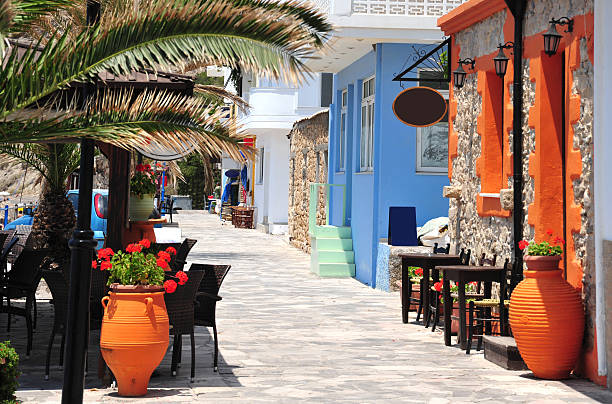 Street along the beach at Mirtos in southern Crete, Greece stock photo