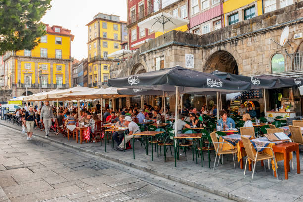 Street cafes and restaurants in Ribeira, Porto, Portugal stock photo