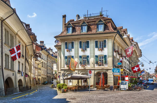 Street in Bern, Switzerland Street with historic houses in Bern downtown, Switzerland historic district stock pictures, royalty-free photos & images