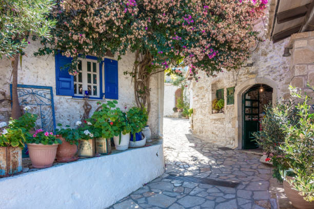 Street in the picturesque village Afionas, Corfu, Greece stock photo
