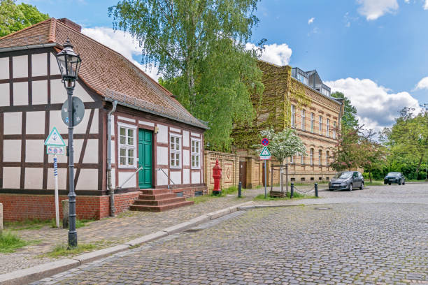 Street Kolk with its old houses in the the oldest settlement area of the district Spandau in Berlin, Germany stock photo