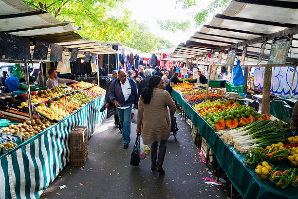 street market in Belleville, Paris, France stock photo