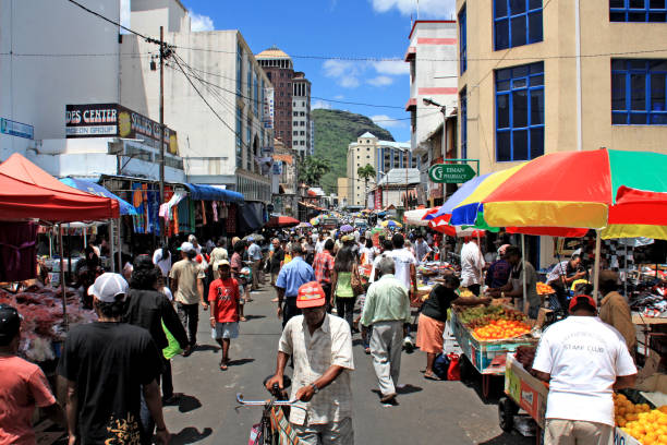 Street market outside the official market halls in Port Louis, Mauritius stock photo