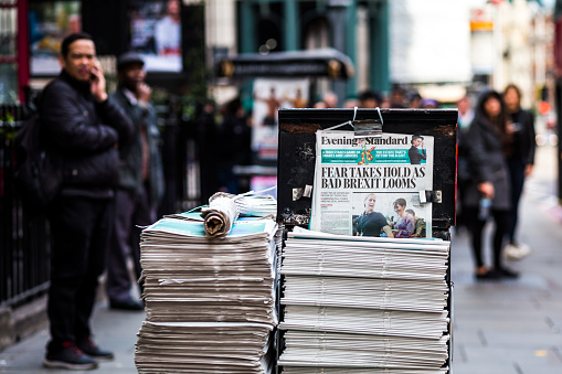 Street Newspaper stand with Brexit Headline, London, UK