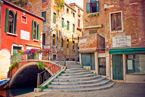 View to a street and bridge in Venice, Italy