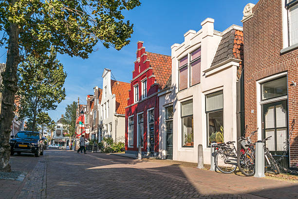 Street scene in old town of Harlingen, Netherlands stock photo