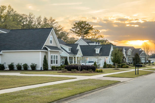 A Street view of a new construction neighborhood with larger landscaped homes and houses with yards and sidewalks taken near sunset stock photo