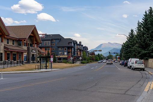 Street view of Town Canmore in summer season. Canmore, Alberta, Canada