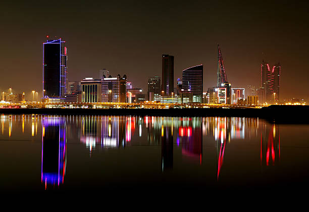 Striking reflection of Bahrain skyline stock photo