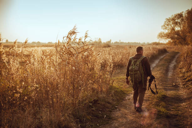 strong young hunter with red beard holding his gun and walking along the dirt road under blue sky - animais caçando imagens e fotografias de stock