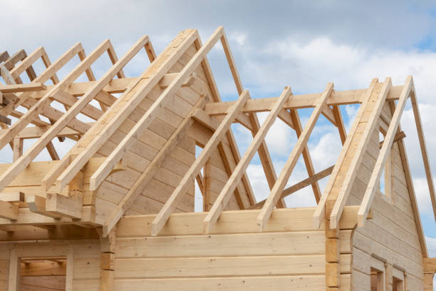 Structure of a wooden house under construction stock photo