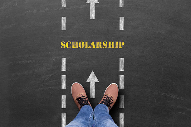 Student standing scholarship text written on blackboard High angle view of a student standing at scholarship text written and arrows drawn on blackboard. scholarships stock pictures, royalty-free photos & images